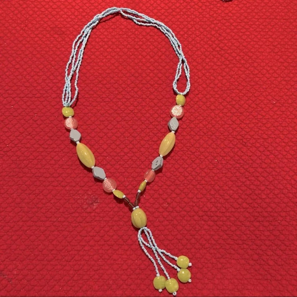 NECKLACE Turquoise Beads Pink Stone  Blue Diamond Shapes Stone Colourful 34”